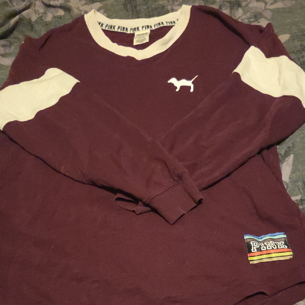 PINK Victoria's Secret Maroon and White V-Neck Sweater